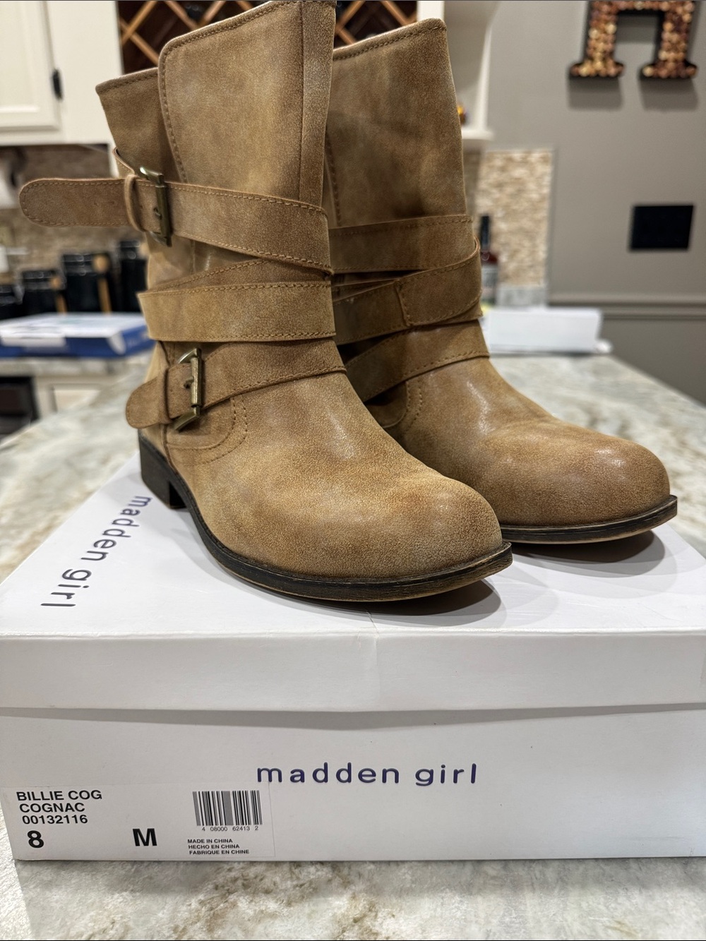 Madden Girl Cognac Vegan Suede Strap Buckle Ankle Boots